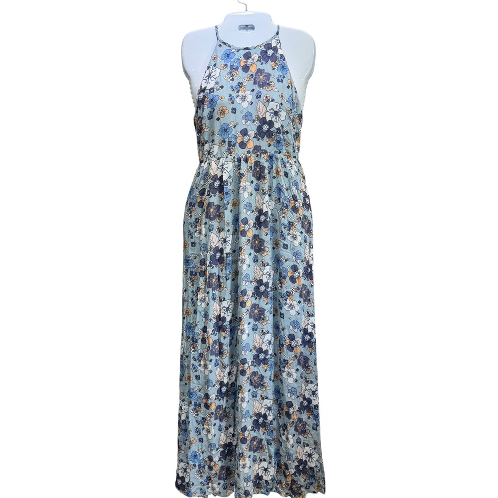 Anthropologie Moon River Whimsy New Floral Cottagecore Halter Maxi Dress‎ Blue L